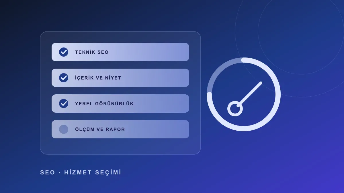 Teknik, içerik, yerel ve ölçüm katmanlarının kontrol işaretleriyle birlikte gösterildiği soyut SEO değerlendirme listesi