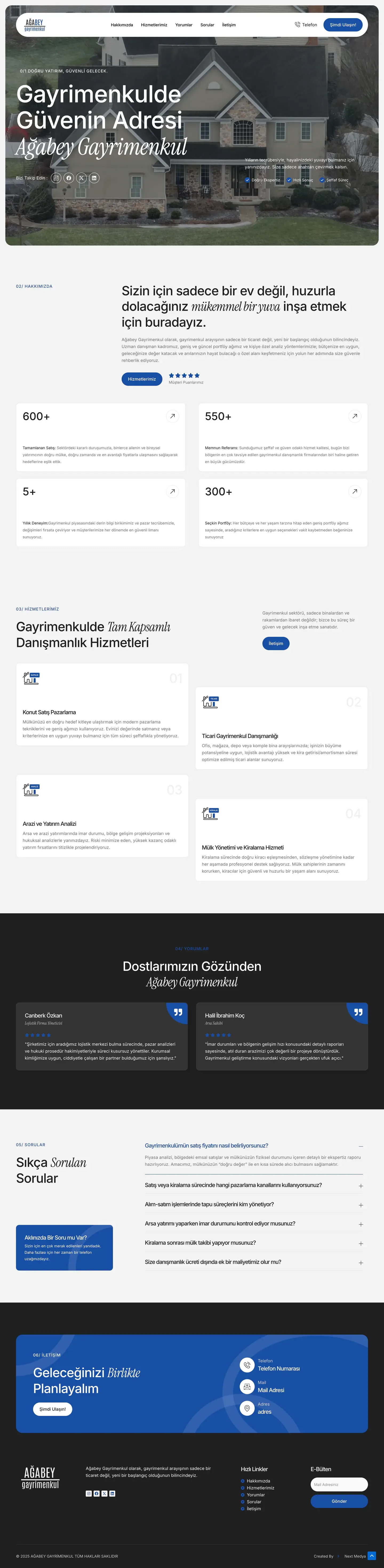 Ağabey Gayrimenkul web sitesi ana sayfa ve iletişim akışı — full page tasarım görünümü