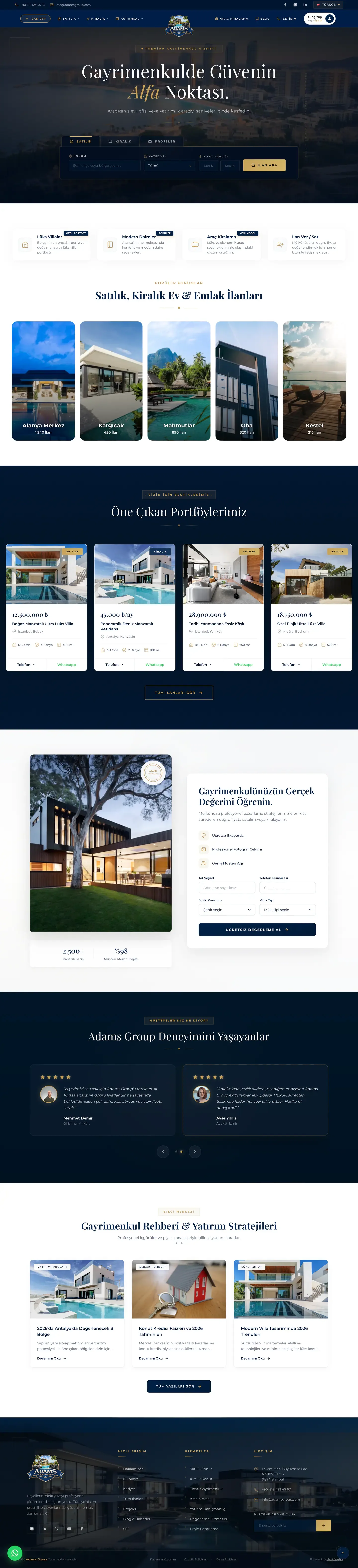 Adams Group web sitesi ana sayfa ve emlak portföy akışı — full page tasarım görünümü