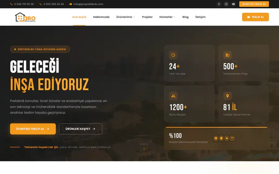 Pro Prefabrik prefabrik yapı ve fiyat hesaplama web sitesi ana sayfa tasarımı