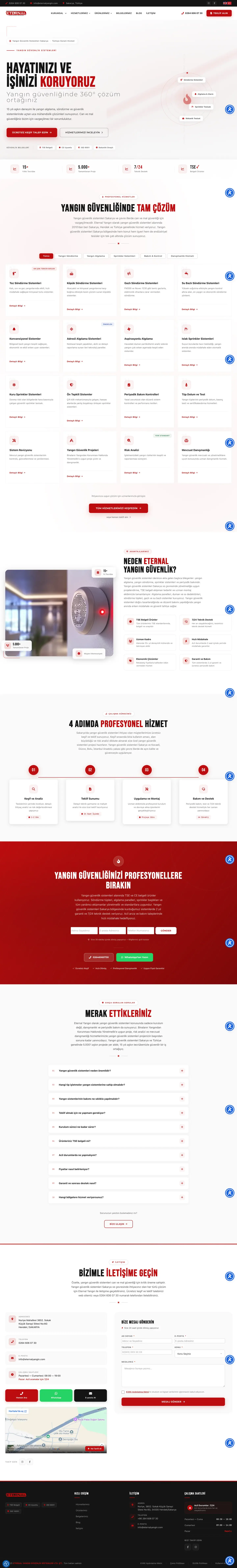 Eternal Yangın web sitesi ana sayfa ve yangın güvenliği hizmet akışı — full page tasarım görünümü