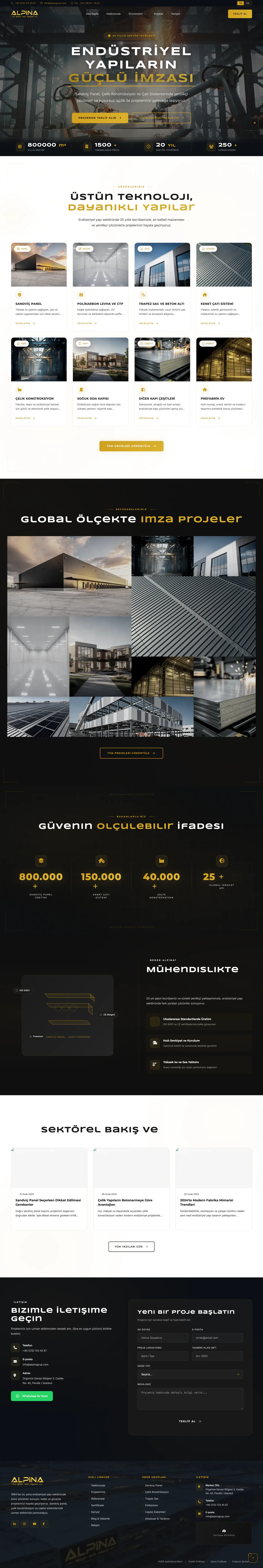 Alpina Group web sitesi ana sayfa ve endüstriyel B2B akışı — full page tasarım görünümü