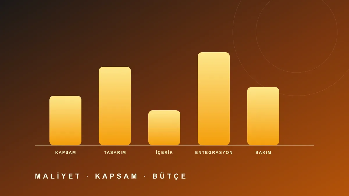 Kapsam, tasarım, içerik, entegrasyon ve bakım kalemlerinin farklı yüksekliklerde sütunlarla gösterildiği soyut maliyet dağılımı