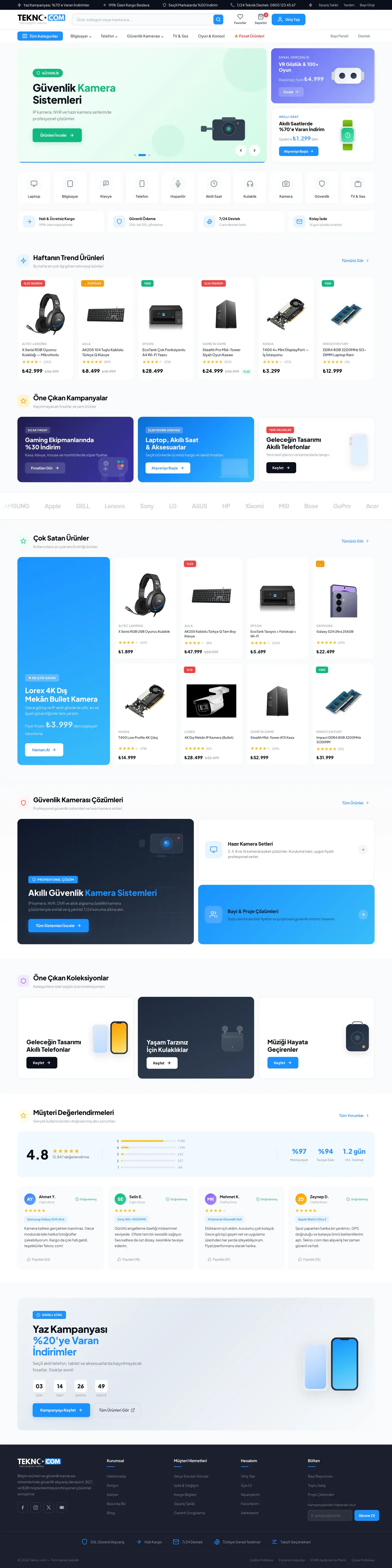 TeknoCom web sitesi ana sayfa ve teknoloji alışveriş akışı — full page tasarım görünümü