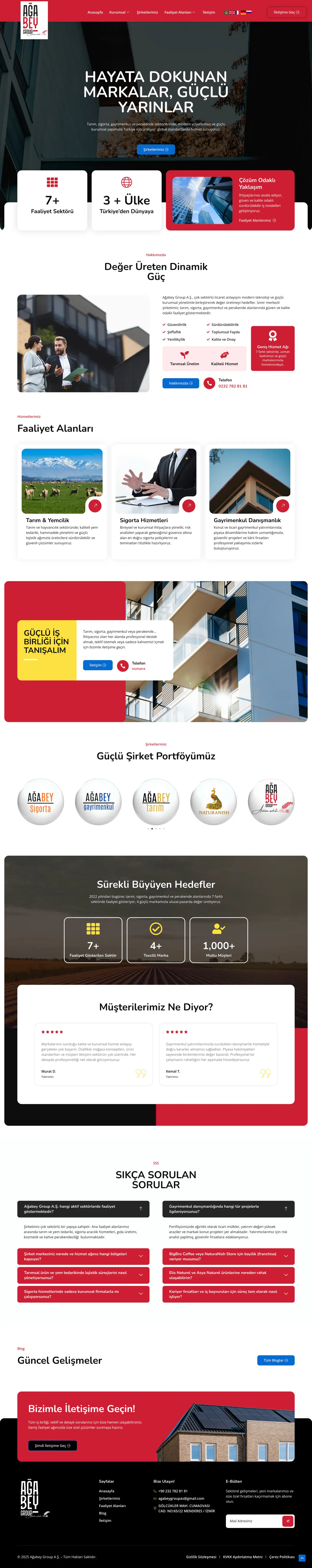 Ağabey Group web sitesi ana sayfa ve kurumsal grup akışı — full page tasarım görünümü