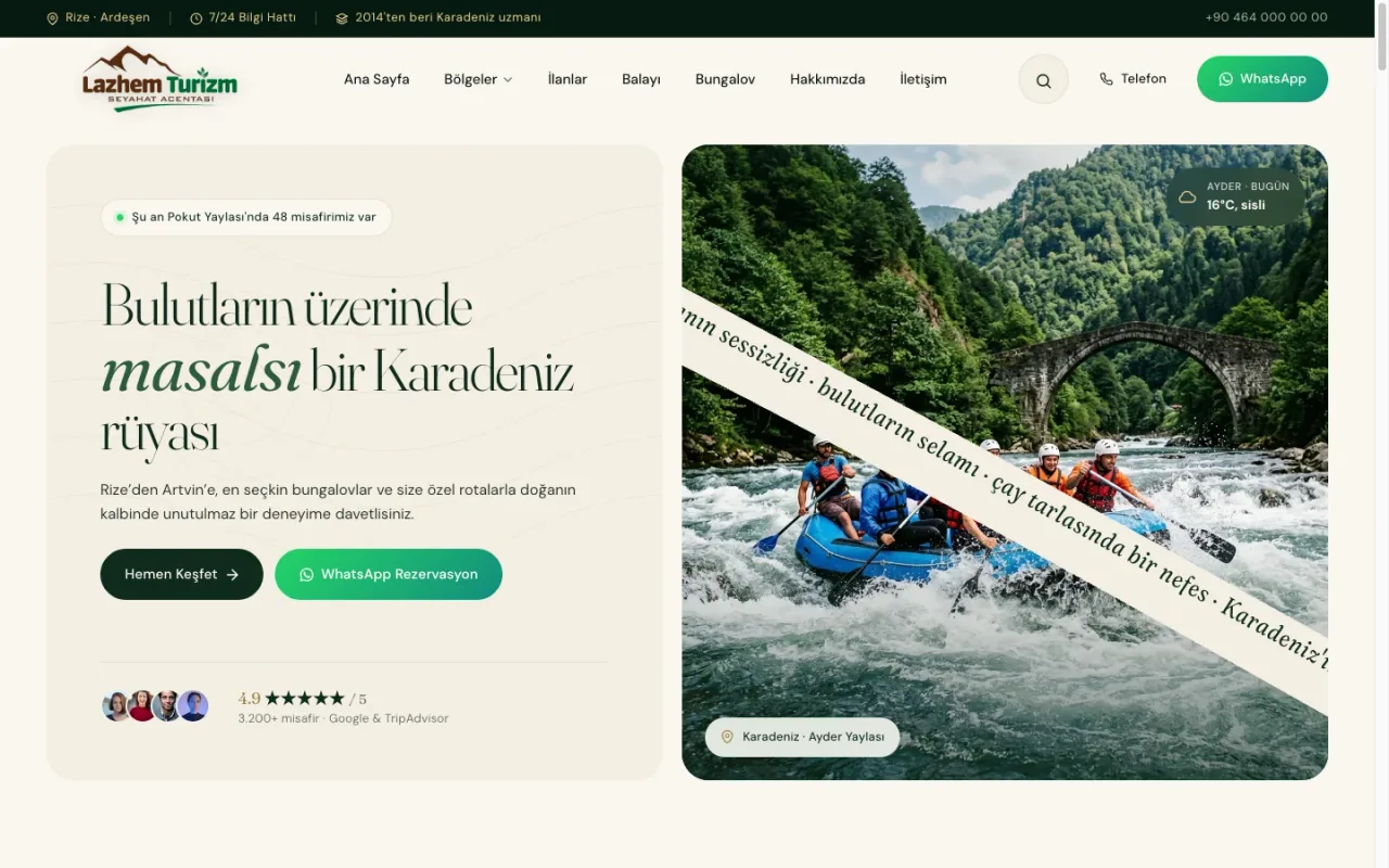 Rize Balayı Paketi Turizm ve Rezervasyon Web Sitesi web sitesinin gerçek masaüstü ekranı