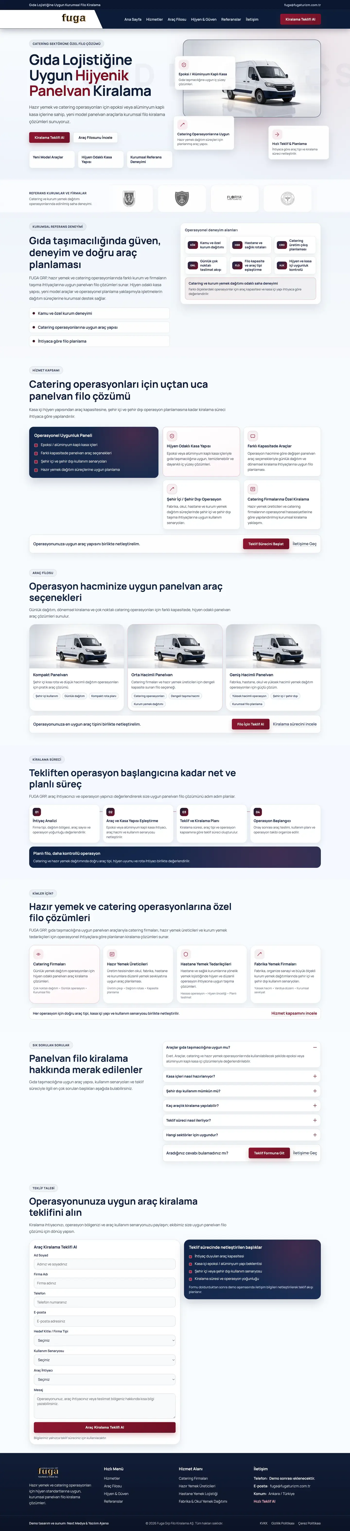 Fuga Group web sitesi ana sayfa ve panelvan kiralama akışı — full page tasarım görünümü