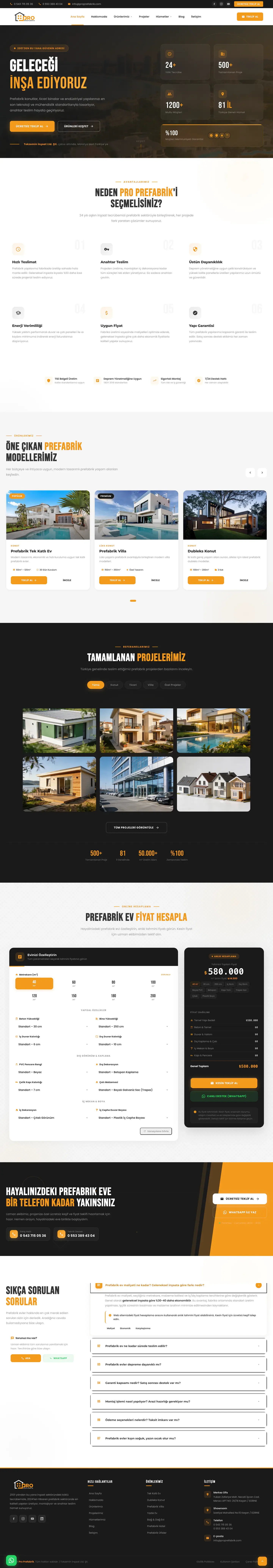 Pro Prefabrik web sitesi ana sayfa ve fiyat hesaplama akışı — full page tasarım görünümü