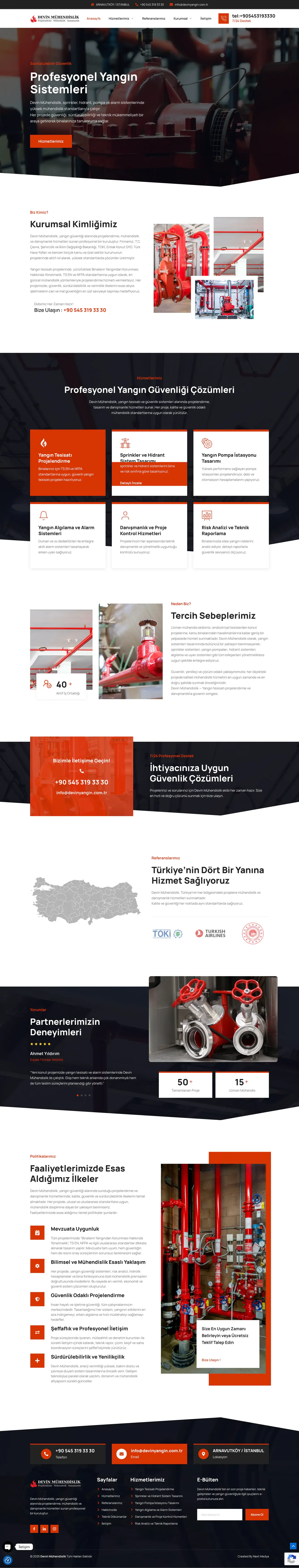 Devin Yangın web sitesi ana sayfa ve yangın güvenliği hizmet akışı — full page tasarım görünümü