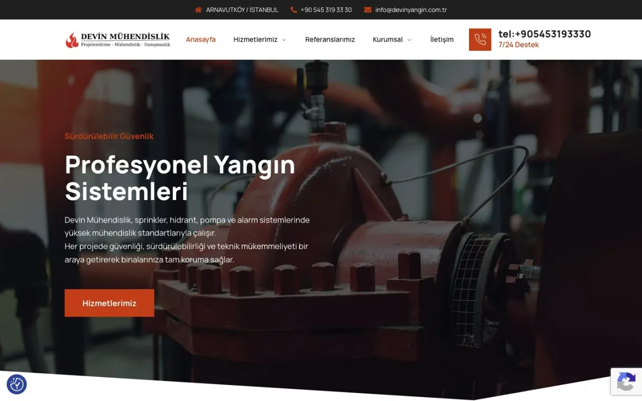 Devin Yangın Güvenliği Sistemleri Web Sitesi web sitesinin masaüstü görünümü