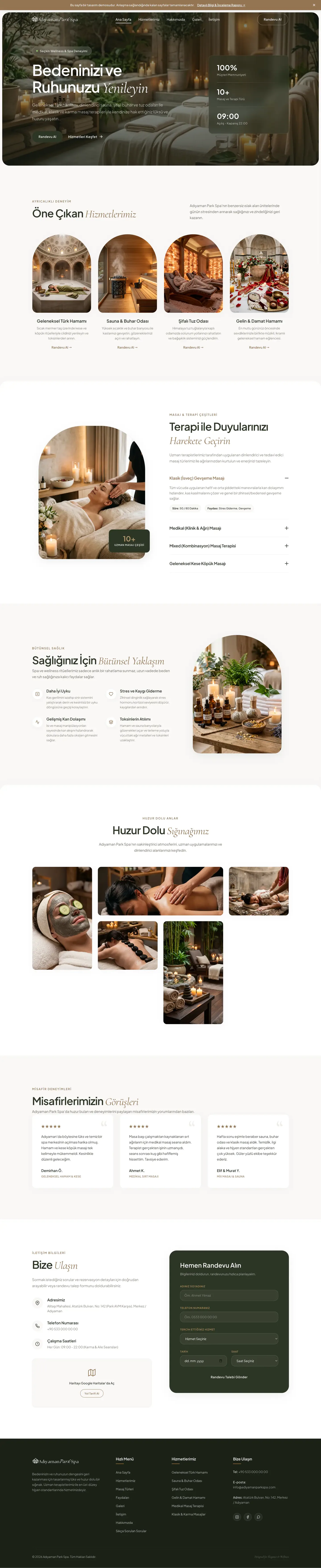 Yaman Park Spa web sitesi ana sayfa ve randevu akışı — full page tasarım görünümü