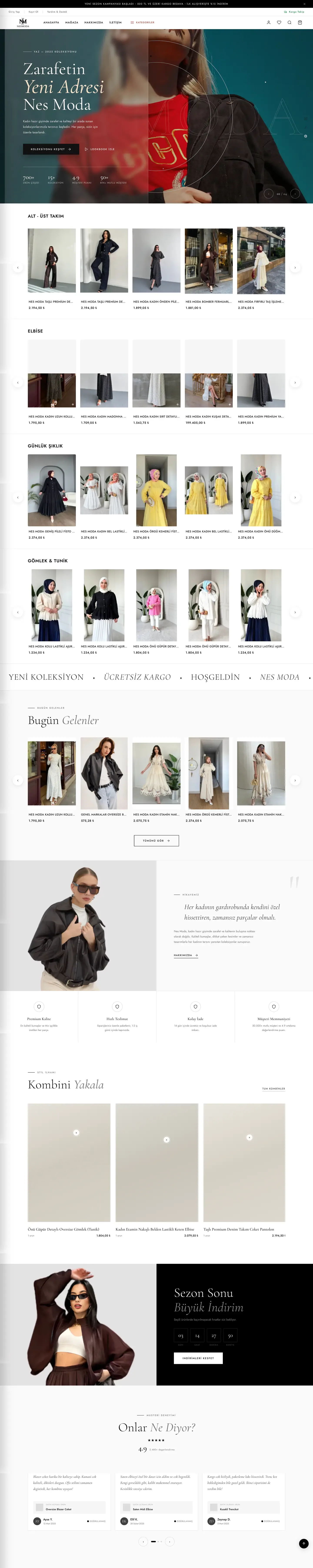 Nes Moda web sitesi ana sayfa ve koleksiyon keşfi — full page tasarım görünümü