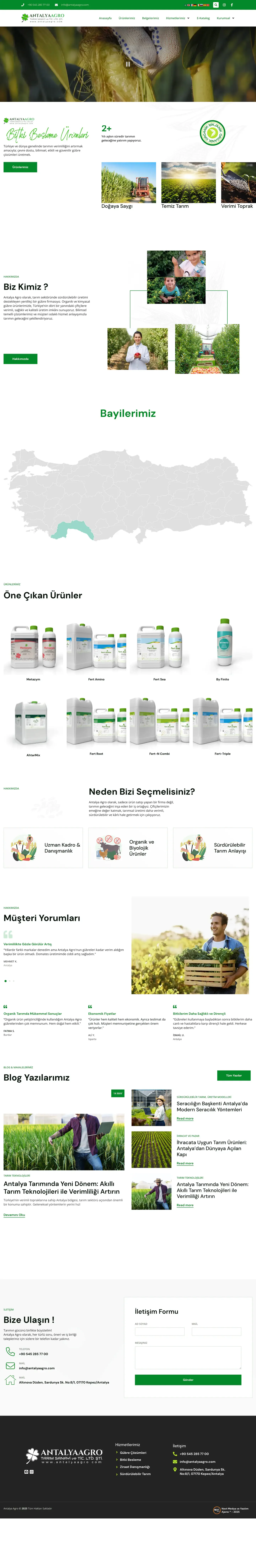 Antalya Agro web sitesi ana sayfa ve tarımsal ürün kataloğu — full page tasarım görünümü