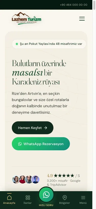 Rize Balayı Paketi Turizm ve Rezervasyon Web Sitesi web sitesinin gerçek mobil ekranı