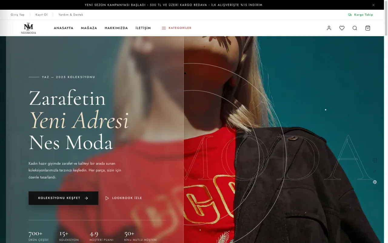 Nes Moda Giyim E-Ticaret Web Sitesi web sitesinin masaüstü görünümü