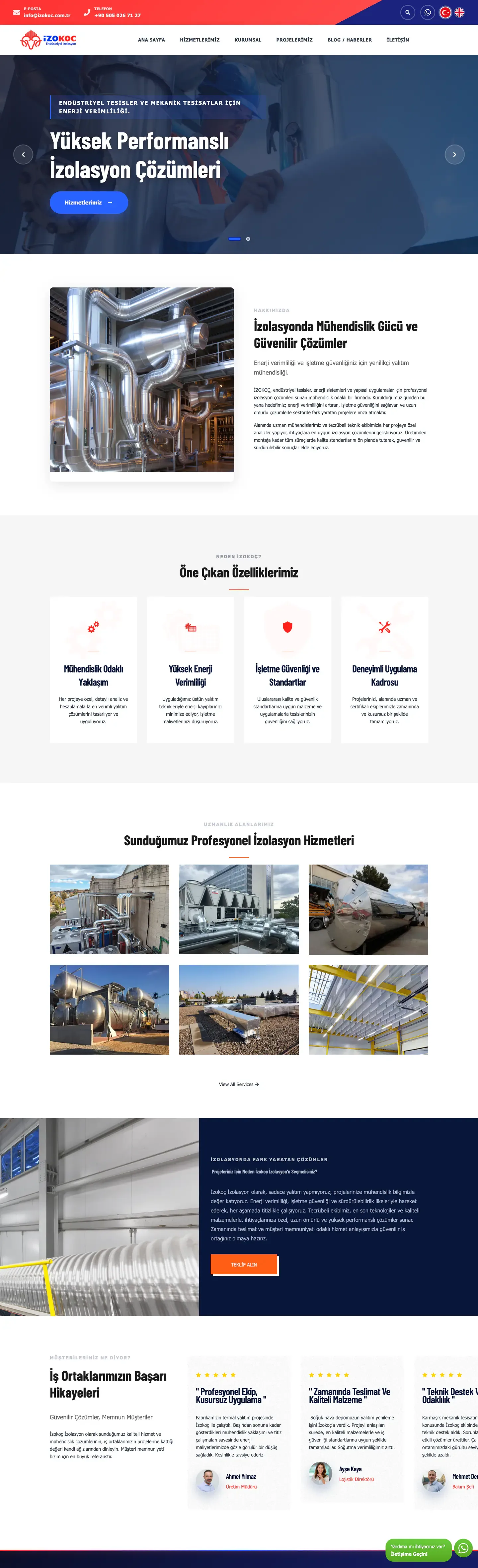 İzokoç web sitesi ana sayfa ve endüstriyel hizmet akışı — full page tasarım görünümü