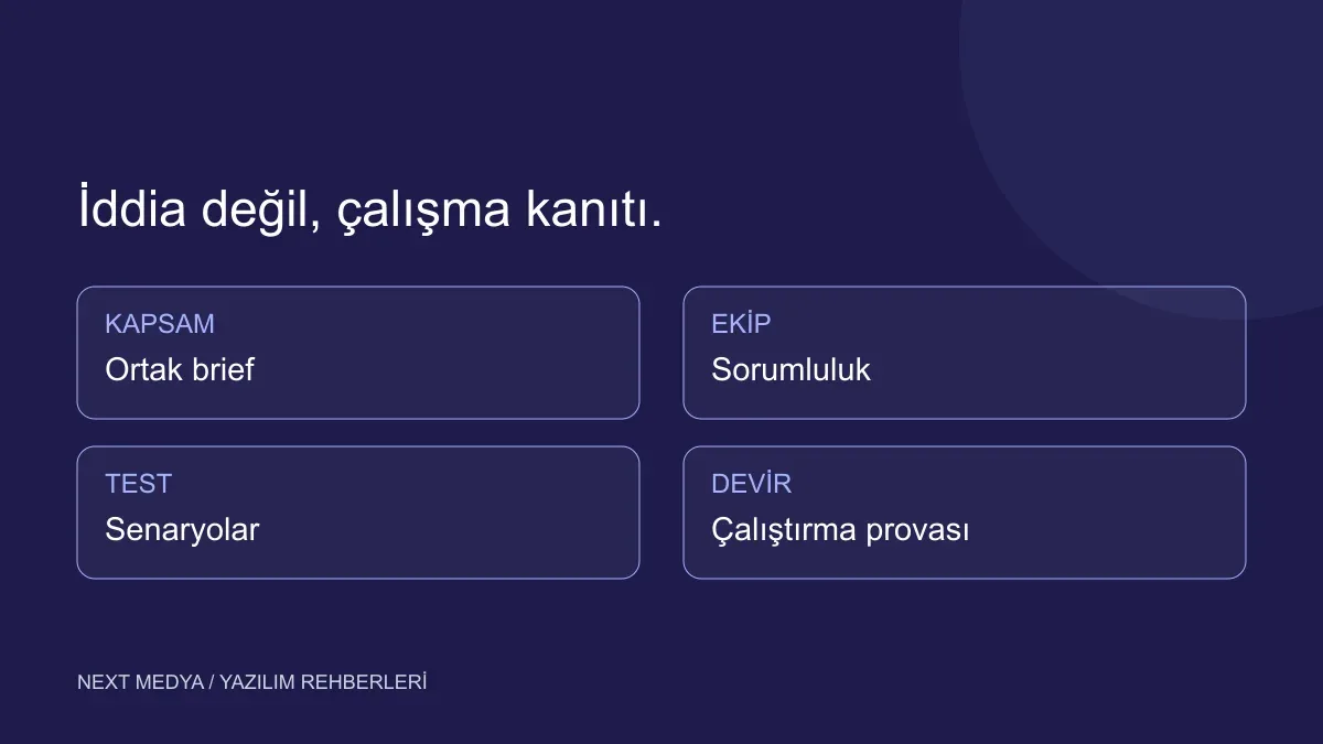 Yazılım tedarikçisini kapsam, ekip, test ve devir kanıtlarıyla değerlendiren matris